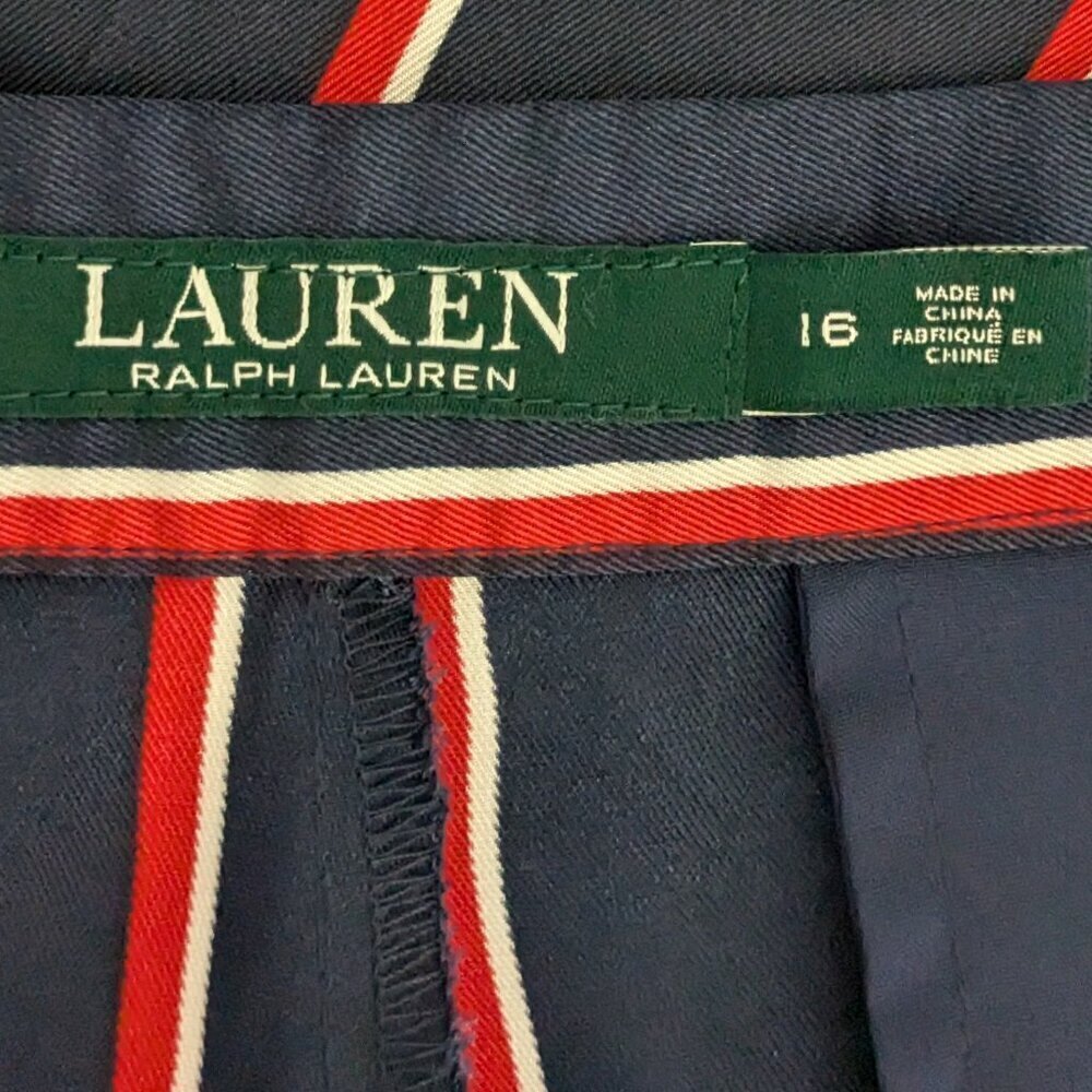 LAUREN RALPH LAUREN Navy Blue Stripe Satin Crop Front Zipper Pants; Size 16 - Picture 3 of 6